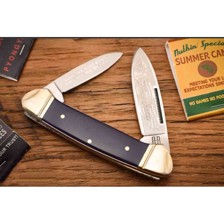 Couteau Rough Ryder Patriot Canoe Lames Spear Point/Pen Acier 440A Manche Polymère Bleu RR2029 - Livraison Gratuite