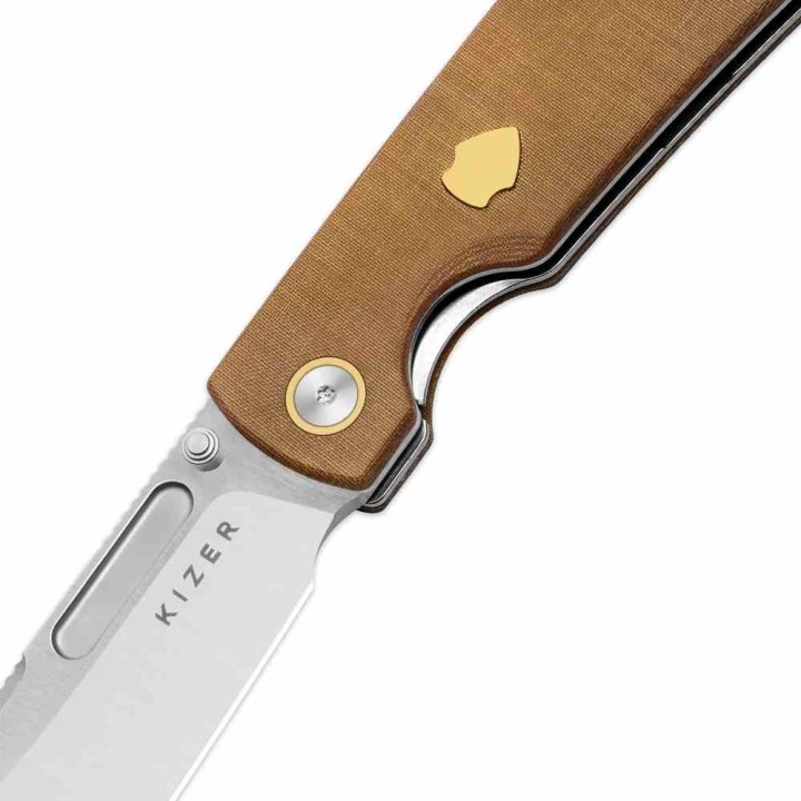 Couteau Kizer Retro Lame Acier Nitro-V Manche Micarta Marron et Laiton KIVT Linerlock Clip KIV4726A1 - Livraison Gratuite