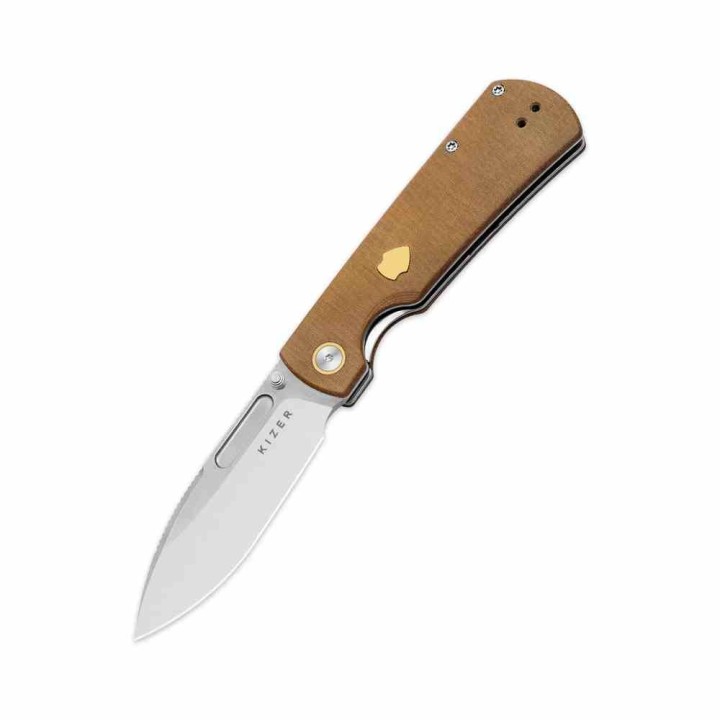 Couteau Kizer Retro Lame Acier Nitro-V Manche Micarta Marron et Laiton KIVT Linerlock Clip KIV4726A1 - Livraison Gratuite