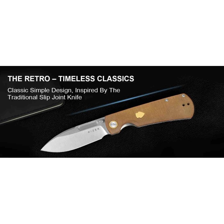 Couteau Kizer Retro Lame Acier Nitro-V Manche Micarta Marron et Laiton KIVT Linerlock Clip KIV4726A1 - Livraison Gratuite
