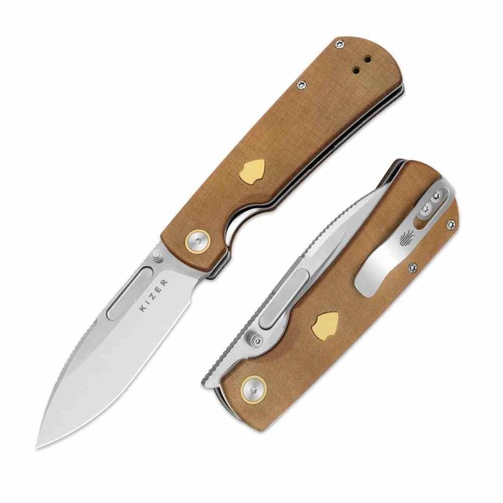 Couteau Kizer Retro Lame Acier Nitro-V Manche Micarta Marron et Laiton KIVT Linerlock Clip KIV4726A1 - Livraison Gratuite