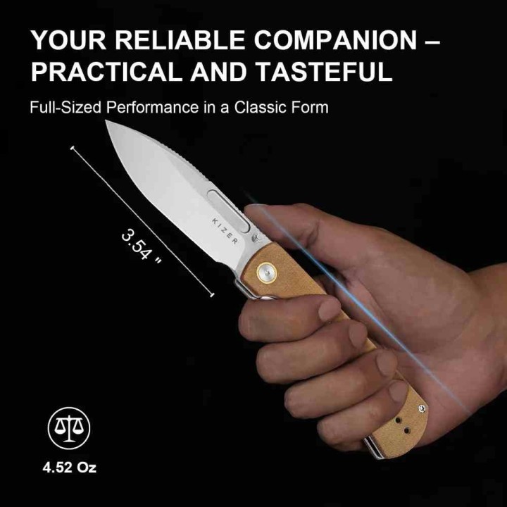 Couteau Kizer Retro Lame Acier Nitro-V Manche Micarta Marron et Laiton KIVT Linerlock Clip KIV4726A1 - Livraison Gratuite