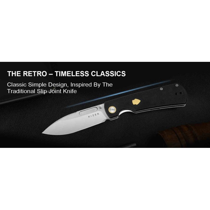 Couteau Kizer Retro Lame Acier Nitro-V Manche G10 Black et Laiton KIVT Linerlock Clip KIV4726A2 - Livraison Gratuite