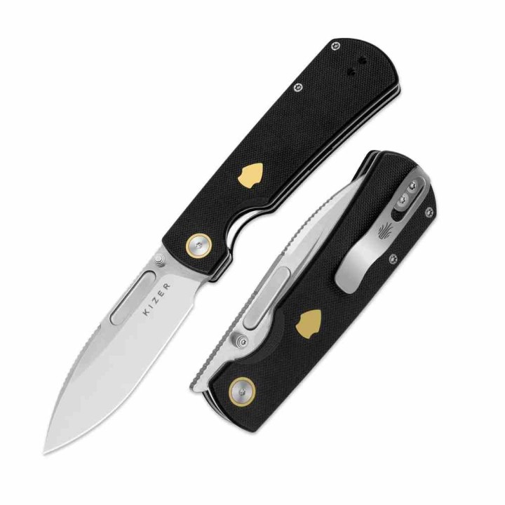 Couteau Kizer Retro Lame Acier Nitro-V Manche G10 Black et Laiton KIVT Linerlock Clip KIV4726A2 - Livraison Gratuite