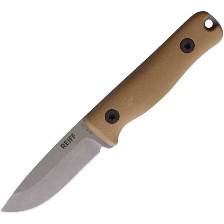 Couteau Reiff Knives F3 Drop Point Lame Acier CPM MagnaCut Manche G10 Tan Etui Cuir USA REKF3D11CTBL Livraison Gratuite