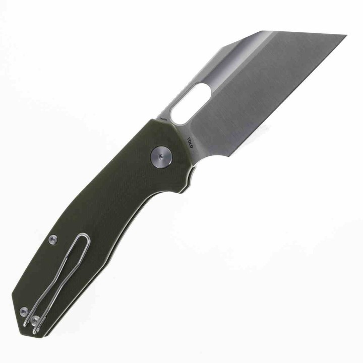 Couteau Ironfly YOLO Wharncliffe Lame Acier 14C28N Manche G10 Army Green Button Lock KIVT IFVF02GN -  Livraison Gratuite
