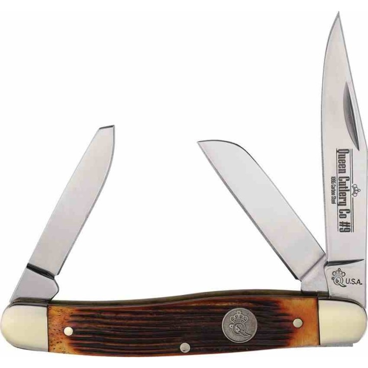 Couteau Queen USA Stockman 3 Lames Acier 1095 Carbone Manche Os Winterbottom Ambre Slip Joint USA QAWB47 - Livraison Gratuite