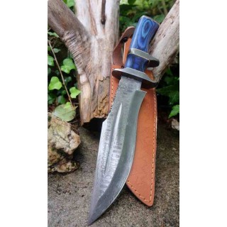 Gros Poignard De Chasse Fighter Lame Acier Damas 256 Couches Manche Bois Etui Cuir F Artisanale BBLue - Livraison Gratuite