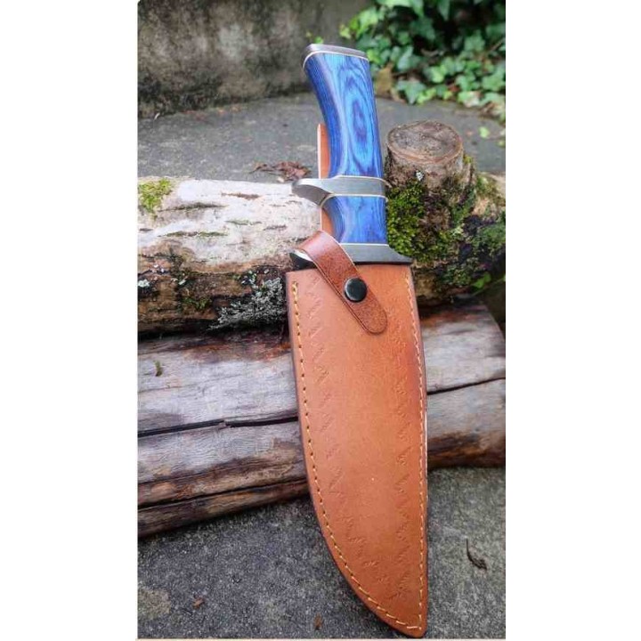 Gros Poignard De Chasse Fighter Lame Acier Damas 256 Couches Manche Bois Etui Cuir F Artisanale BBLue - Livraison Gratuite