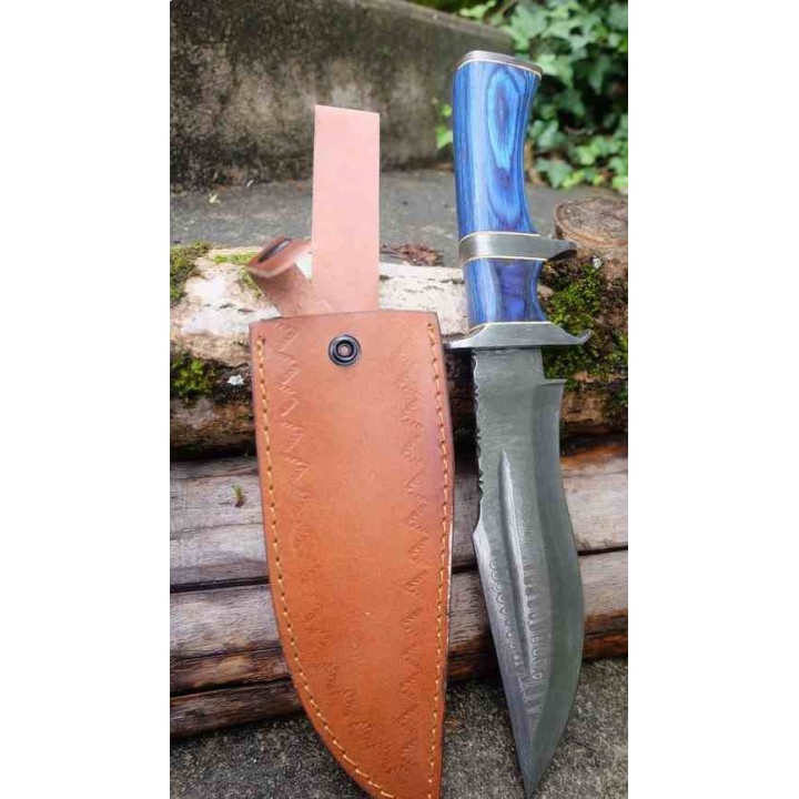 Gros Poignard De Chasse Fighter Lame Acier Damas 256 Couches Manche Bois Etui Cuir F Artisanale BBLue - Livraison Gratuite