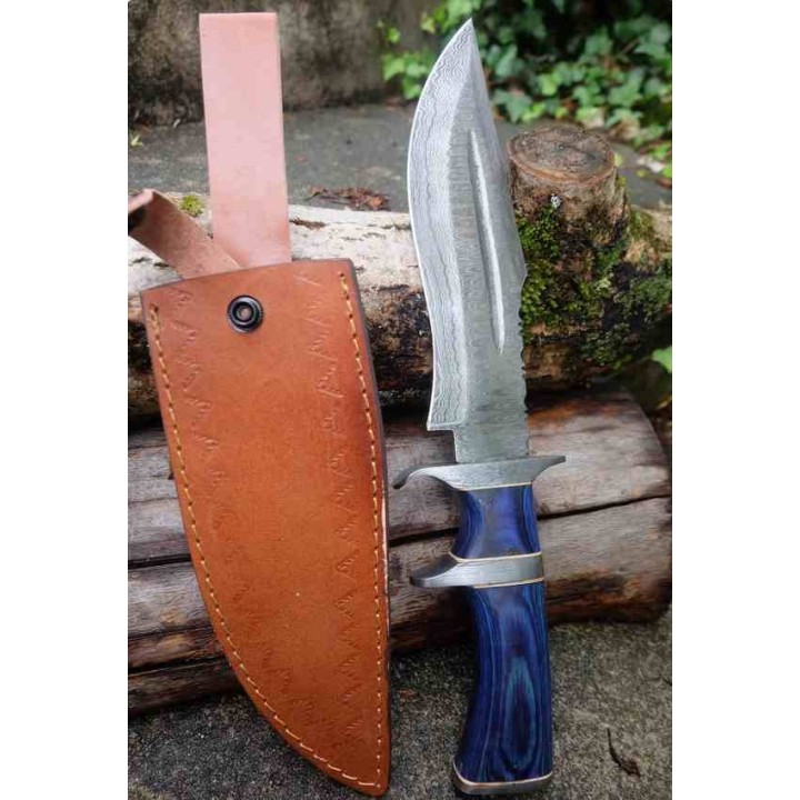 Gros Poignard De Chasse Fighter Lame Acier Damas 256 Couches Manche Bois Etui Cuir F Artisanale BBLue - Livraison Gratuite