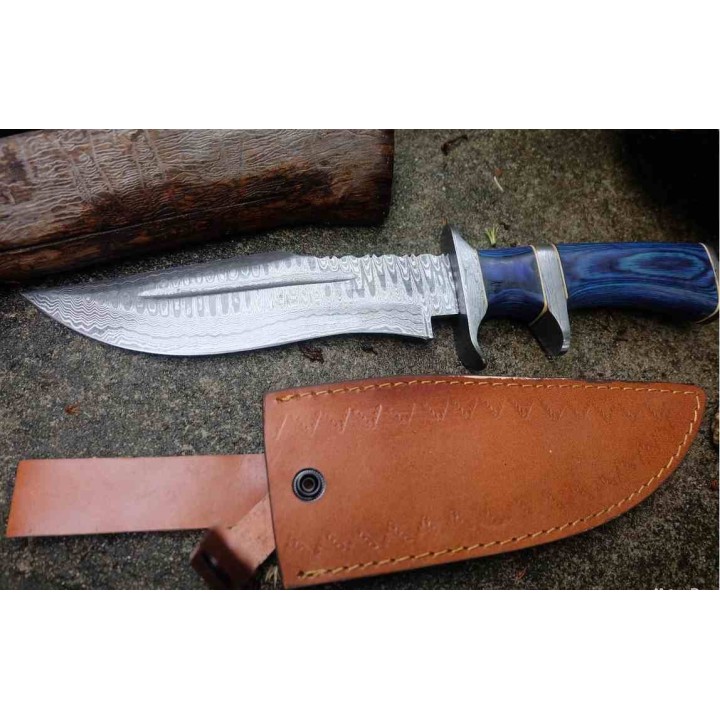 Gros Poignard De Chasse Fighter Lame Acier Damas 256 Couches Manche Bois Etui Cuir F Artisanale BBLue - Livraison Gratuite