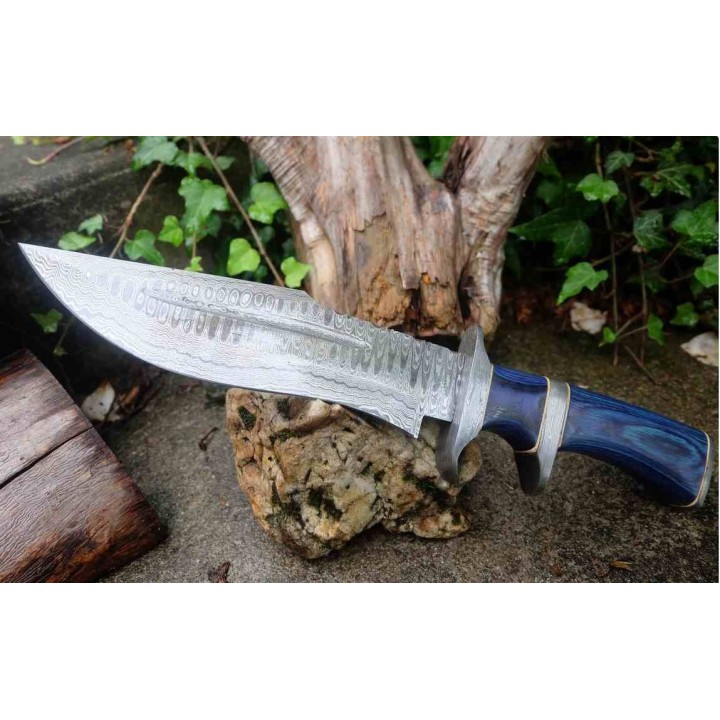 Gros Poignard De Chasse Fighter Lame Acier Damas 256 Couches Manche Bois Etui Cuir F Artisanale BBLue - Livraison Gratuite