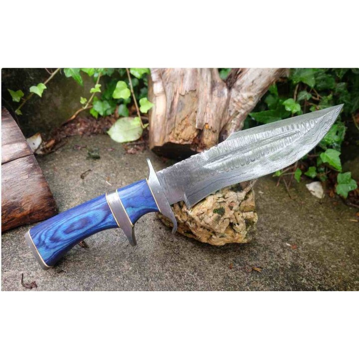 Gros Poignard De Chasse Fighter Lame Acier Damas 256 Couches Manche Bois Etui Cuir F Artisanale BBLue - Livraison Gratuite