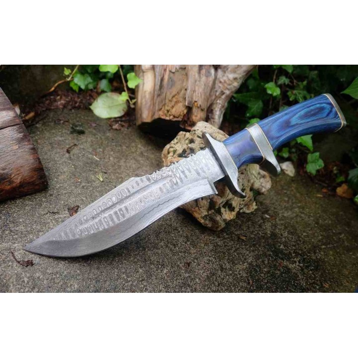 Gros Poignard De Chasse Fighter Lame Acier Damas 256 Couches Manche Bois Etui Cuir F Artisanale BBLue - Livraison Gratuite
