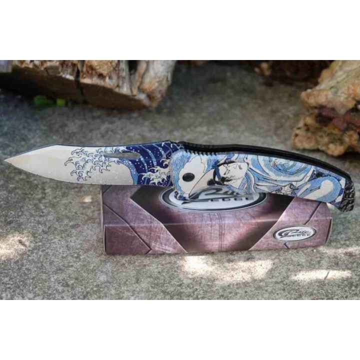 Lot de 3 Couteau Tatouage Yakusa A/O Lame Décor Vague Acier Inox Manche ABS Linerlock Clip CN300576BL - Livraison Gratuite