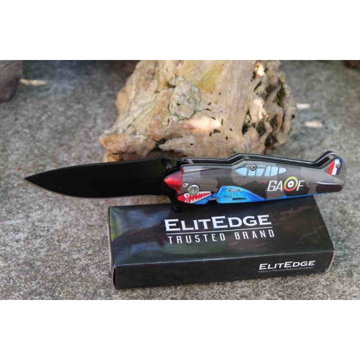 Lot de 3 Couteau ElitEdge Avion de Combat Lame Acier Inox Manche Synthétique Liner Lock A/O Clip EE10A85GY - Livraison Gratuite