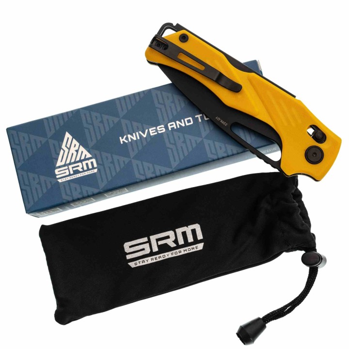 Couteau SRM Mirage Yellow 239X-GY Lame Acier Sandvik 14C28N Manche G10 Ambi-Lock KIVT SRM239XGY - Livraison Gratuite