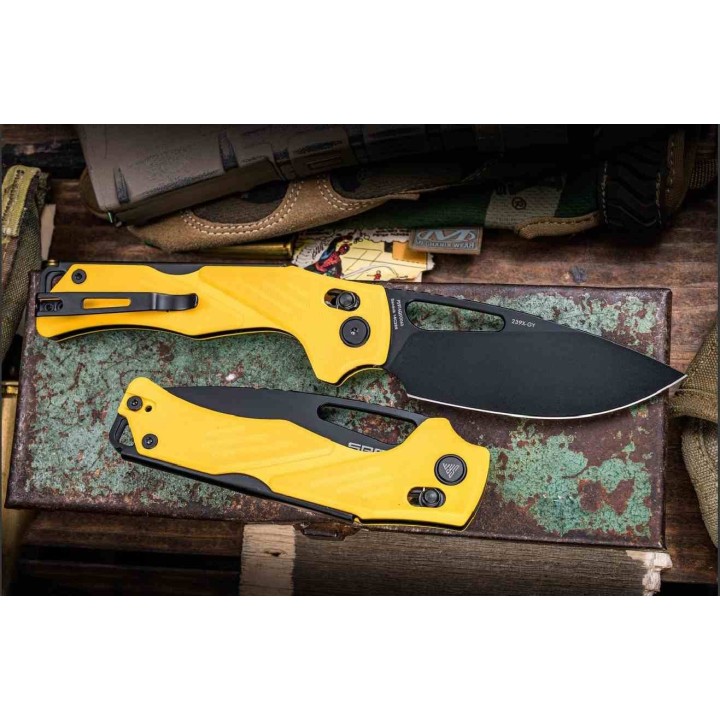 Couteau SRM Mirage Yellow 239X-GY Lame Acier Sandvik 14C28N Manche G10 Ambi-Lock KIVT SRM239XGY - Livraison Gratuite