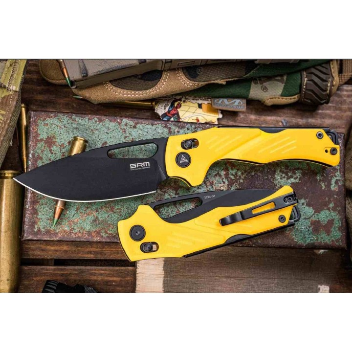 Couteau SRM Mirage Yellow 239X-GY Lame Acier Sandvik 14C28N Manche G10 Ambi-Lock KIVT SRM239XGY - Livraison Gratuite
