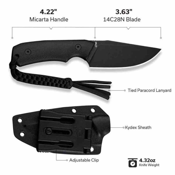 Couteau Bushcraft Survie Civivi Gander Black Lame Acier 14C28N Manche Micarta Étui Kydex CIVC24058B2 - Livraison Gratuite