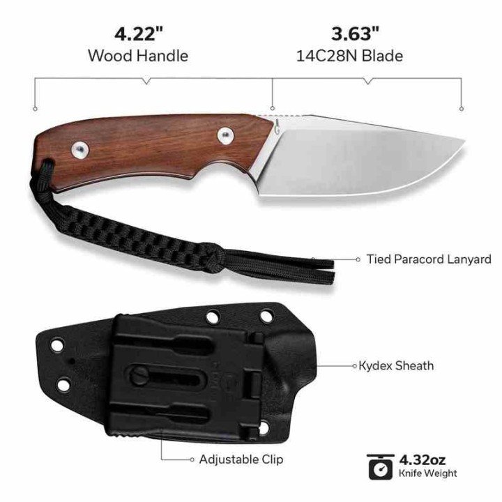 Couteau Bushcraft Survie Civivi Gander Guibourtia Lame Acier 14C28N Manche Bois Étui Kydex CIVC24058B3 - Livraison Gratuite