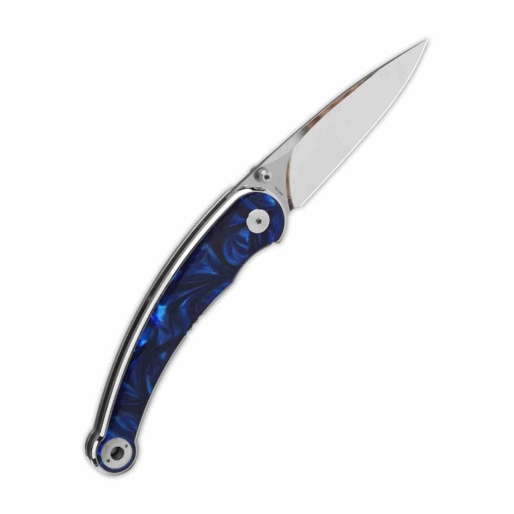 Couteau QSP Dolphin Blue Lame Acier 14C28N Miroir Manche Resin Liner Lock KIVT QS161E - Livraison Gratuite