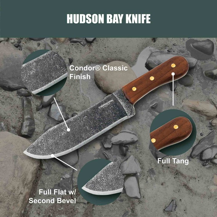Couteau Condor Hudson Bay Lame Acier Carbone 1075 Manche Noyer Étui Cuir Fabriqué au Salvador CTK24085HC - Livraison Gratuite