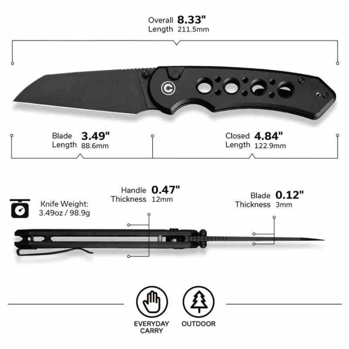 Couteau Civivi Pragma Prime Black Button Lock Lame Wharncliffe Acier 14C28N Manche Alu KIVT CIVC240671  - Livraison Gratuite