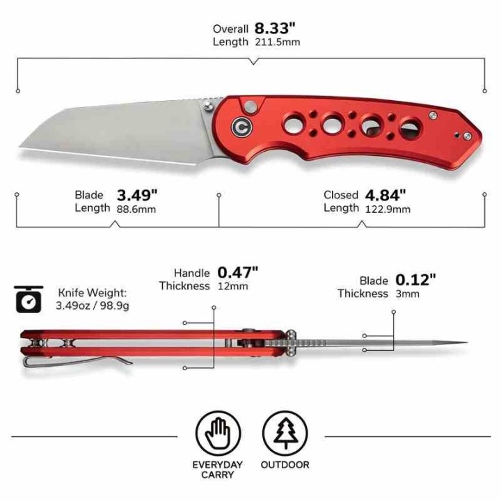 Couteau Civivi Pragma Prime Red Button Lock Lame Wharncliffe Acier 14C28N Manche Alu KIVT CIVC240672  - Livraison Gratuite