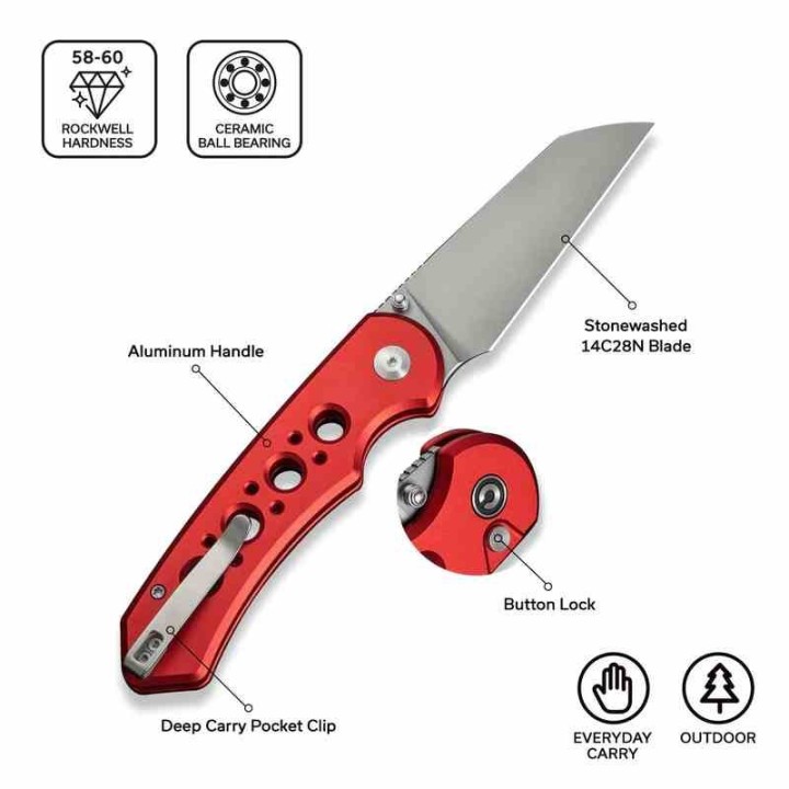 Couteau Civivi Pragma Prime Red Button Lock Lame Wharncliffe Acier 14C28N Manche Alu KIVT CIVC240672  - Livraison Gratuite