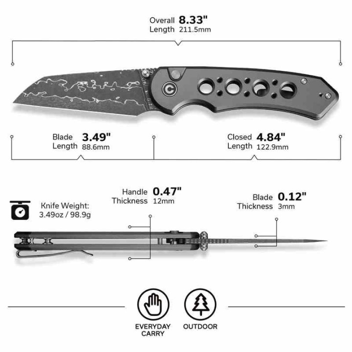 Couteau Civivi Pragma Prime Damas Button Lock Lame Damas Wharncliffe Manche Alu KIVT CIVC24067DS1 - Livraison Gratuite