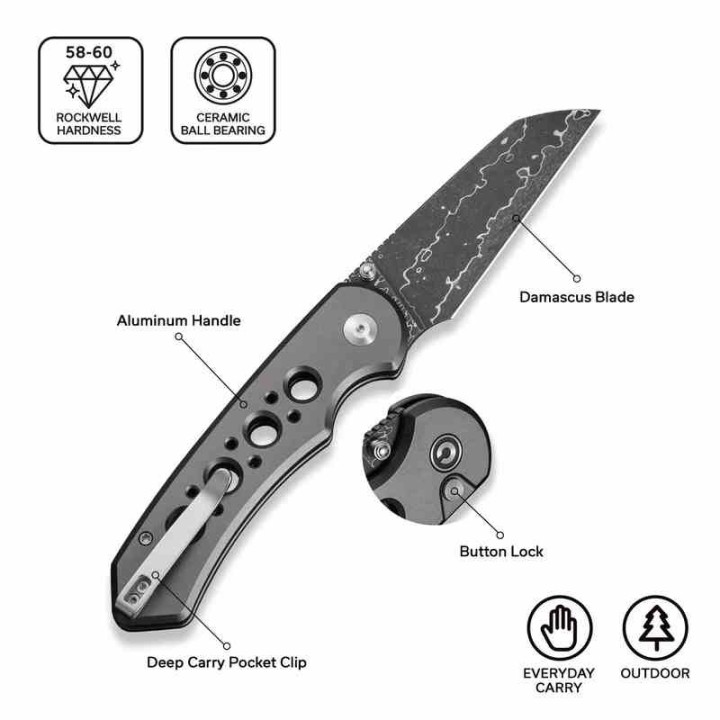 Couteau Civivi Pragma Prime Damas Button Lock Lame Damas Wharncliffe Manche Alu KIVT CIVC24067DS1 - Livraison Gratuite