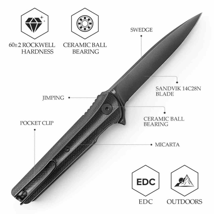 Couteau Trivisa Seagull-Black Lame Acier 14C28N Manche Micarta KIVT Linerlock Clip TVTY28BM14 - Livraison Gratuite