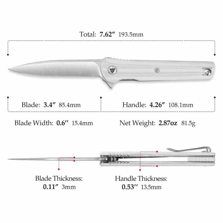 Couteau Trivisa Seagull-White Lame Acier 14C28N Manche G10 KIVT Linerlock Clip TVTY28WG14 - Livraison Gratuite