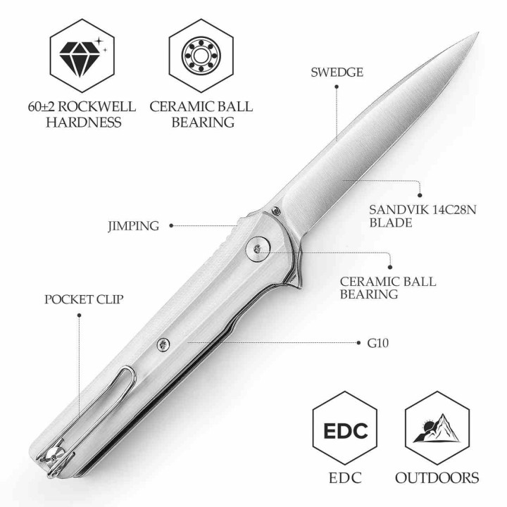 Couteau Trivisa Seagull-White Lame Acier 14C28N Manche G10 KIVT Linerlock Clip TVTY28WG14 - Livraison Gratuite
