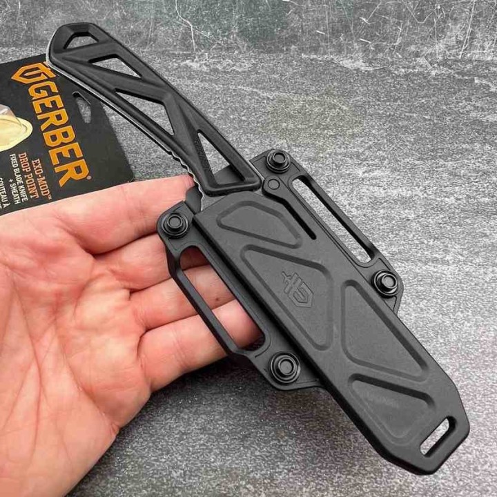Couteau Bushcraft Gerber Exo-Mod Drop Point Lame 7Cr17MoV Manche Caoutchouc Noir Étui Polypropylène G4084 - Livraison Gratuite 