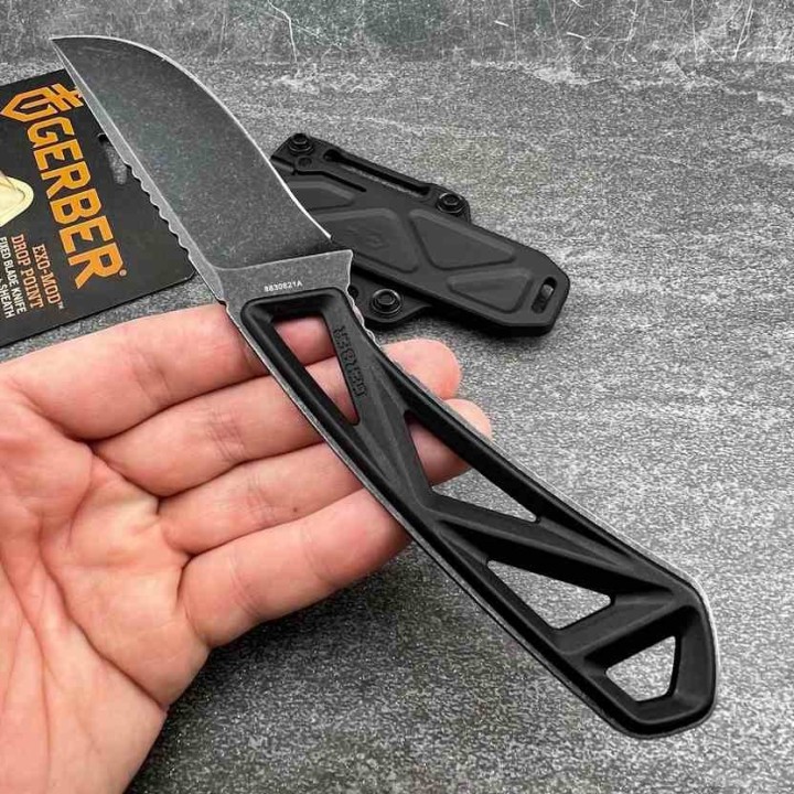 Couteau Bushcraft Gerber Exo-Mod Drop Point Lame 7Cr17MoV Manche Caoutchouc Noir Étui Polypropylène G4084 - Livraison Gratuite 