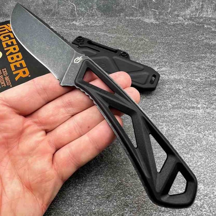 Couteau Bushcraft Gerber Exo-Mod Drop Point Lame 7Cr17MoV Manche Caoutchouc Noir Étui Polypropylène G4084 - Livraison Gratuite 