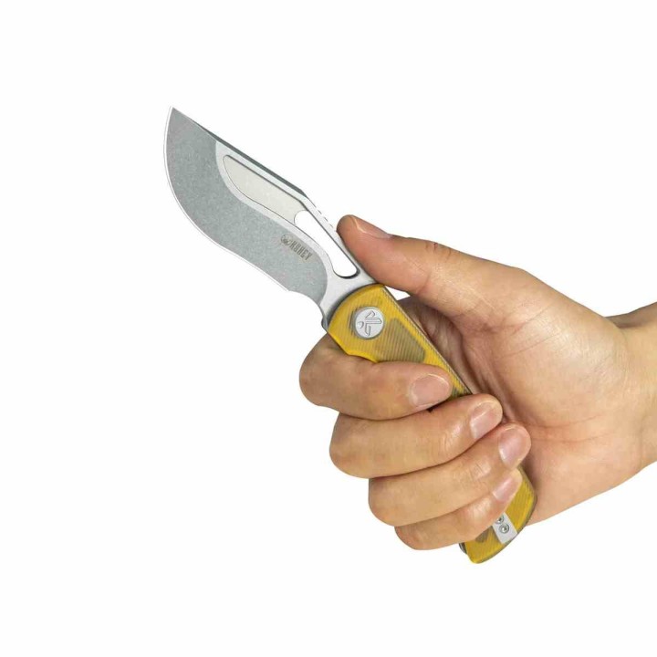 Couteau Kubey Gurkha Yellow Lame Kukri Acier 14C28N Manche Ultem Yellow KIVT Linerlock KUB397C - Livraison Gratuite