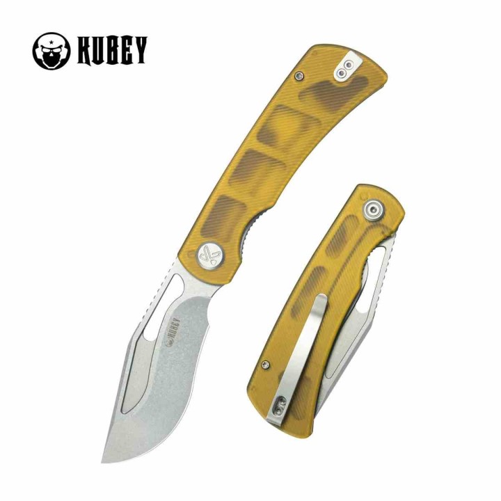 Couteau Kubey Gurkha Yellow Lame Kukri Acier 14C28N Manche Ultem Yellow KIVT Linerlock KUB397C - Livraison Gratuite