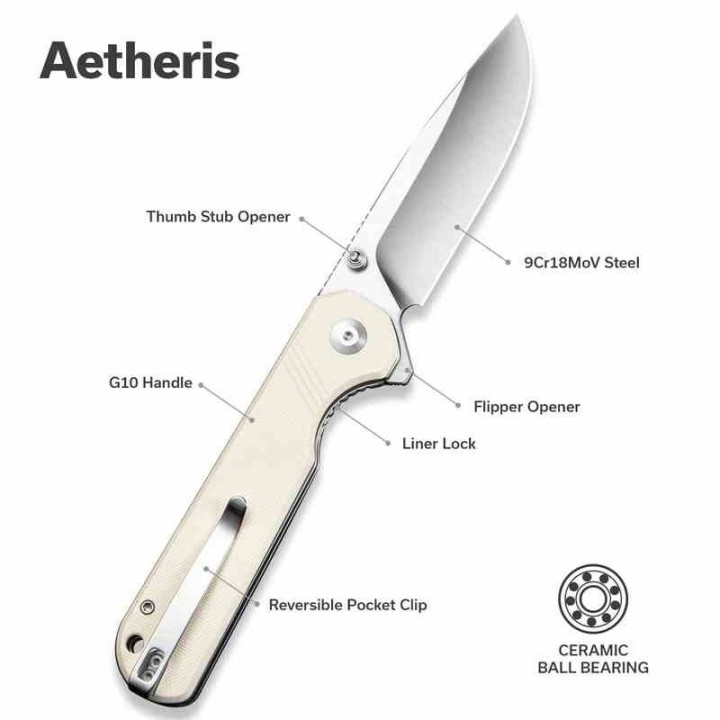 Couteau Pliant Sencut Aetheris Ivory EDC Lame Clip Point 9Cr18MoV Satinée Manche G10 Linerlock KIVT S240951 - Livraison Gratuite