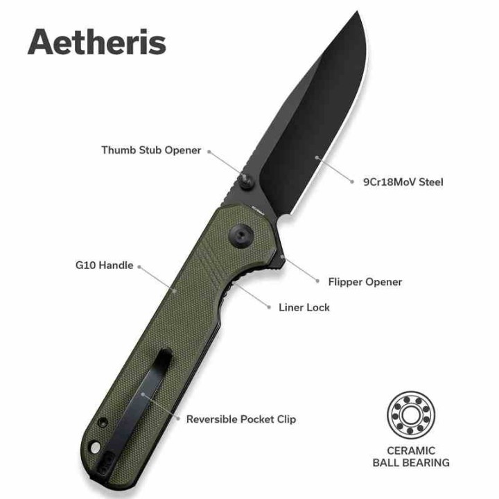 Couteau Pliant Sencut Aetheris OD Green EDC Lame Clip Point 9Cr18MoV Blk Manche G10 Linerlock S240952 - Livraison Gratuite