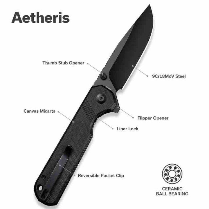 Couteau Sencut Aetheris Black EDC Lame Clip Point 9Cr18MoV Blk Manche Micarta Linerlock Flipper S240953 - Livraison Gratuite