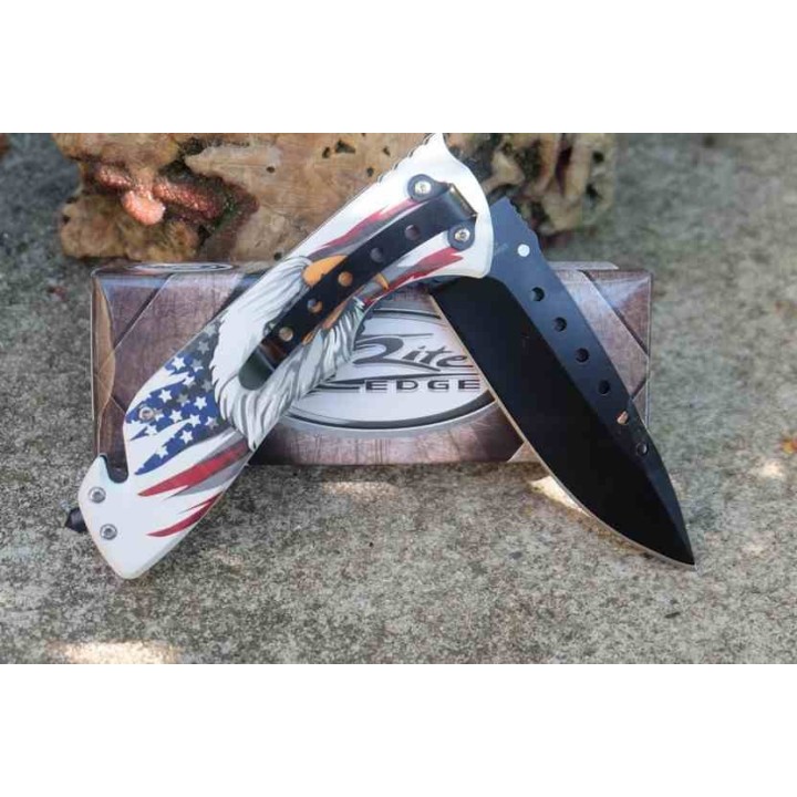 Lot de 3 Couteau Semi Automatique Rescue Lame Acier 3Cr13 Manche Aigle Drapeau Fonctions Secours CN300601EG - Livraison Gratuite