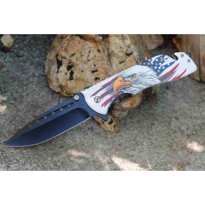 Lot de 3 Couteau Semi Automatique Rescue Lame Acier 3Cr13 Manche Aigle Drapeau Fonctions Secours CN300601EG - Livraison Gratuite
