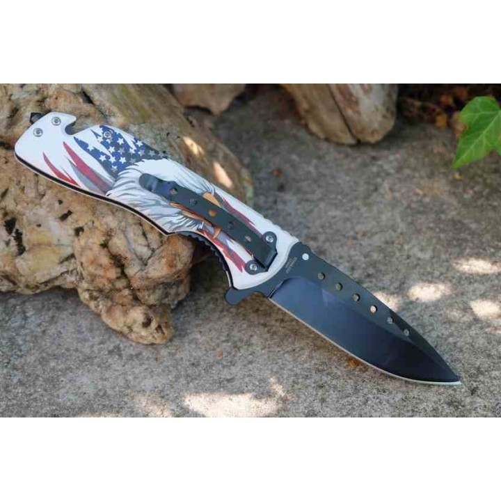 Lot de 3 Couteau Semi Automatique Rescue Lame Acier 3Cr13 Manche Aigle Drapeau Fonctions Secours CN300601EG - Livraison Gratuite
