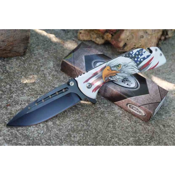 Lot de 3 Couteau Semi Automatique Rescue Lame Acier 3Cr13 Manche Aigle Drapeau Fonctions Secours CN300601EG - Livraison Gratuite