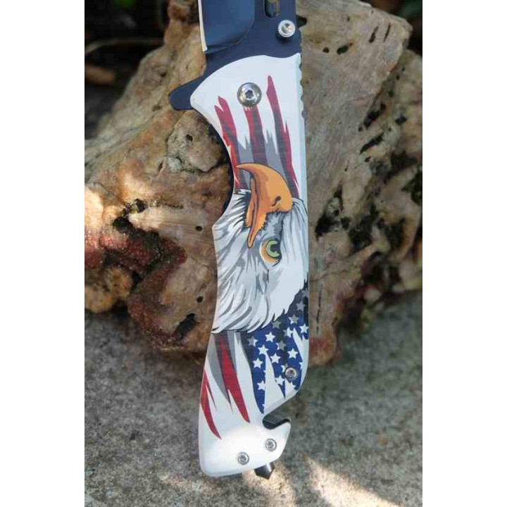 Lot de 3 Couteau Semi Automatique Rescue Lame Acier 3Cr13 Manche Aigle Drapeau Fonctions Secours CN300601EG - Livraison Gratuite