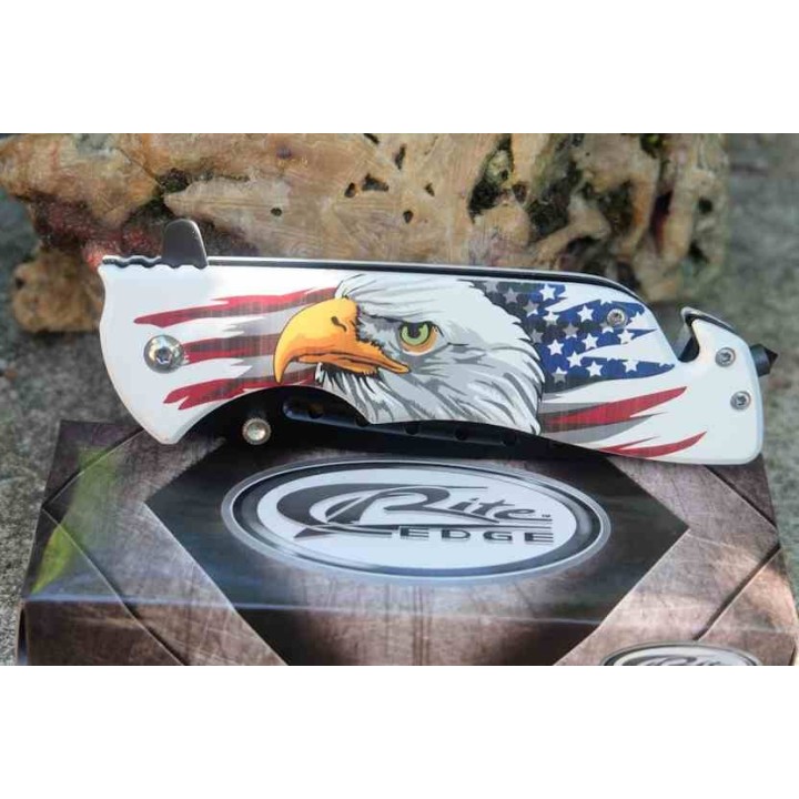 Lot de 3 Couteau Semi Automatique Rescue Lame Acier 3Cr13 Manche Aigle Drapeau Fonctions Secours CN300601EG - Livraison Gratuite